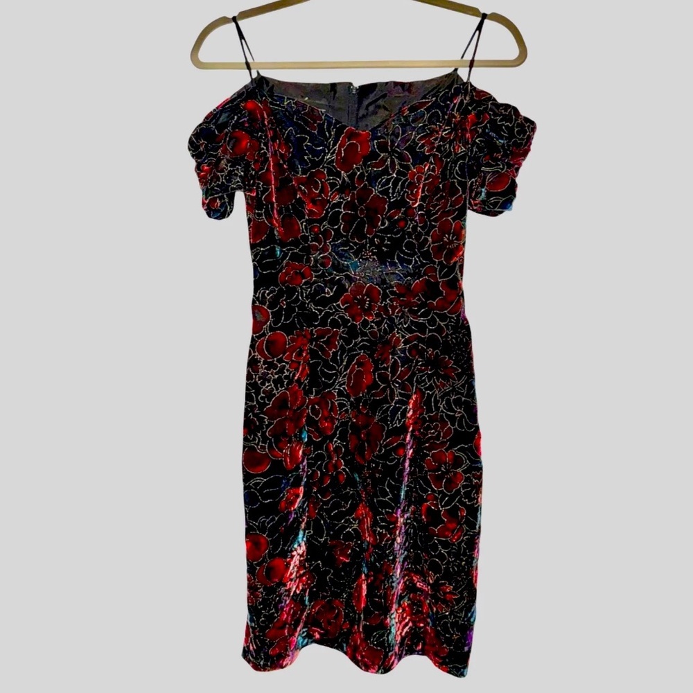 Vintage Steppin' Out‎ Velvet Floral Dress Party Cocktail Black Multicolor Size 7